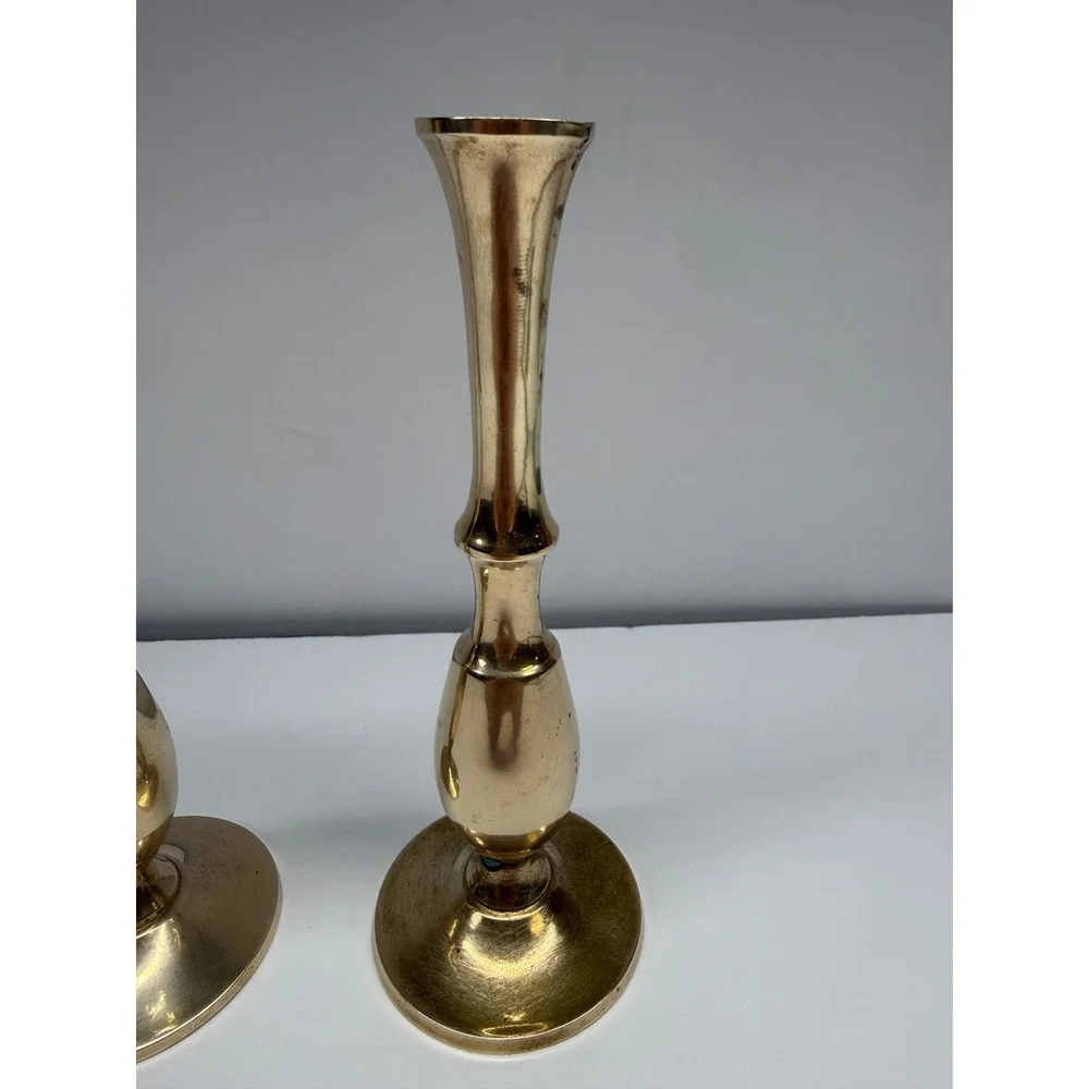 Vintage Brass Bud Vase Set of 2 Trumpet Shape Flared Base Gold Tone Home Decor